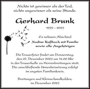 Traueranzeige von Gerhard Brunk von Südthüringer Presse