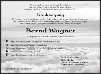 Traueranzeige von Bernd Wagner von Südthüringer Presse