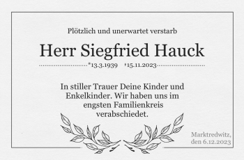 Traueranzeige von Siegfried Hauck von Frankenpost
