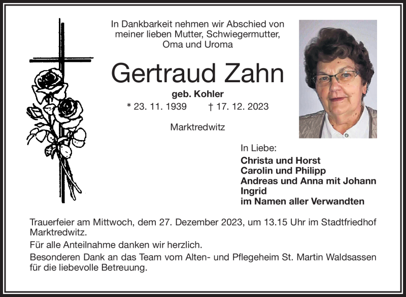  Traueranzeige für Gertraud Zahn vom 23.12.2023 aus Frankenpost