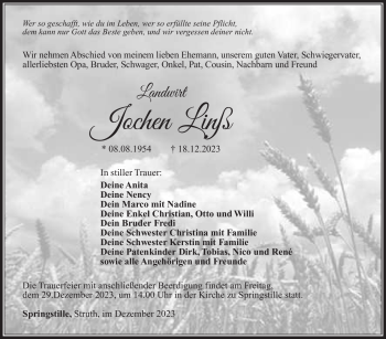 Traueranzeige von Jochen Linß von Südthüringer Presse