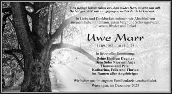 Traueranzeige von Uwe Marr von Südthüringer Presse