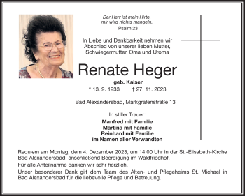 Traueranzeige von Renate Heger von Frankenpost