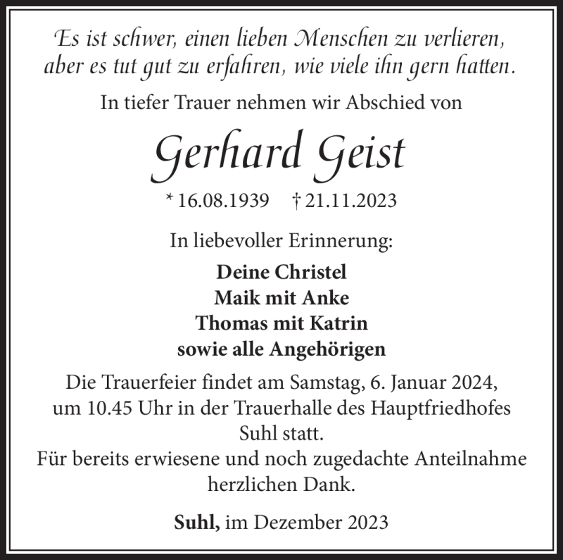  Traueranzeige für Gerhard Geist vom 09.12.2023 aus Südthüringer Presse