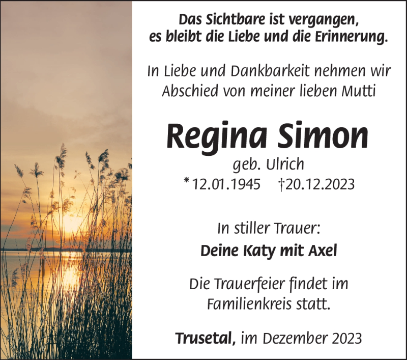 Traueranzeige für Regina Simon vom 23.12.2023 aus Südthüringer Presse
