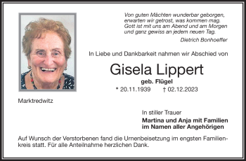 Traueranzeige von Gisela Lippert von Frankenpost