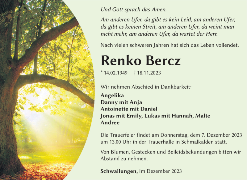  Traueranzeige für Renko Bercz vom 02.12.2023 aus Südthüringer Presse