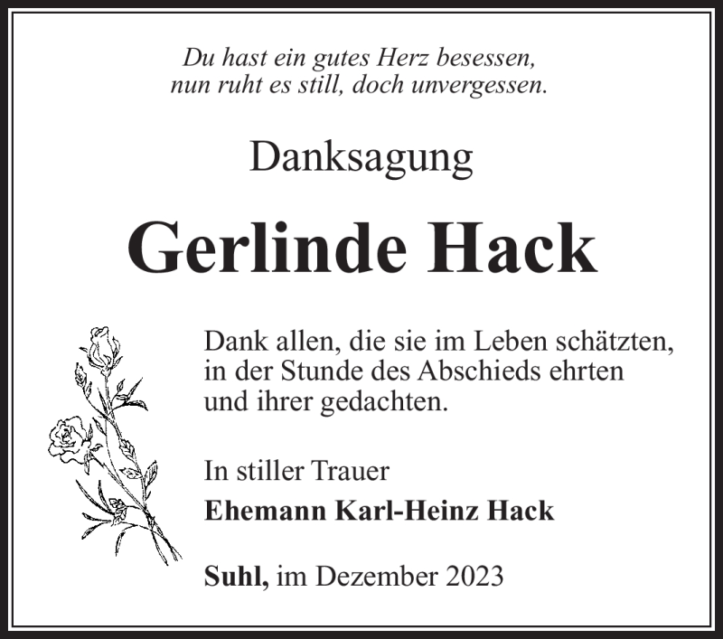  Traueranzeige für Gerlinde Hack vom 02.12.2023 aus Südthüringer Presse