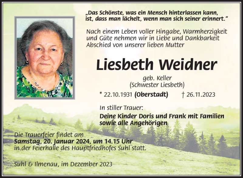  Traueranzeige für Liesbeth Weidner vom 09.12.2023 aus Südthüringer Presse