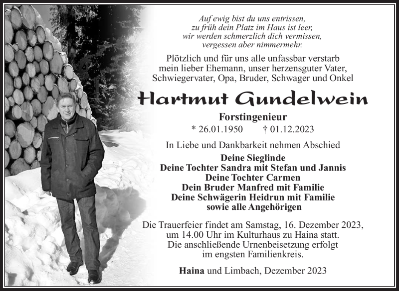  Traueranzeige für Hartmut Gundelwein vom 12.12.2023 aus Südthüringer Presse