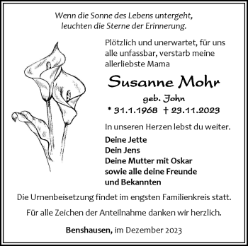 Traueranzeige von Susanne Mohr von Südthüringer Presse