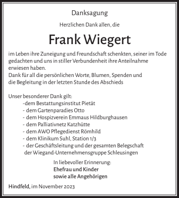 Traueranzeige von Frank Weigert von Südthüringer Presse