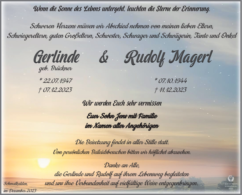  Traueranzeige für RudolfGerlinde MagerlMagerl vom 16.12.2023 aus Südthüringer Presse