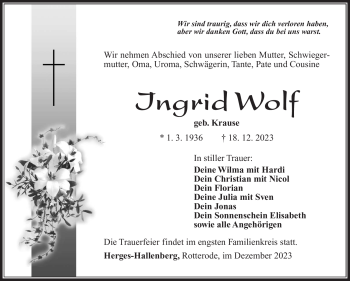 Traueranzeige von Ingrid Wolf von Südthüringer Presse