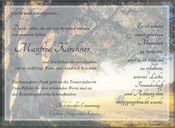 Traueranzeige von Manfred Kirchner von Südthüringer Presse