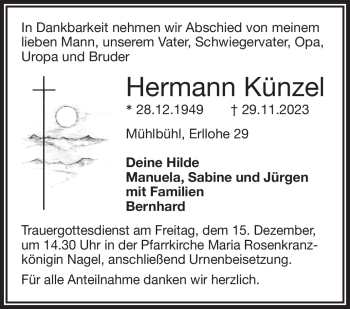 Traueranzeige von Hermann Künzel von Frankenpost