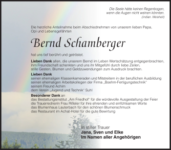 Traueranzeige von Bernd Schamberger von Südthüringer Presse