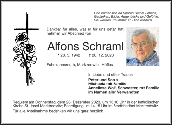 Traueranzeige von Alfons Schraml von Frankenpost