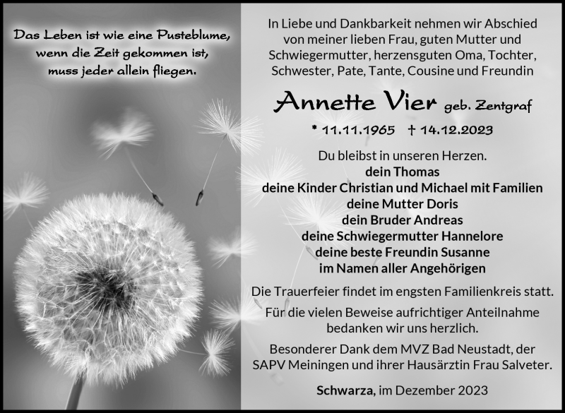  Traueranzeige für Annette Vier vom 23.12.2023 aus Südthüringer Presse
