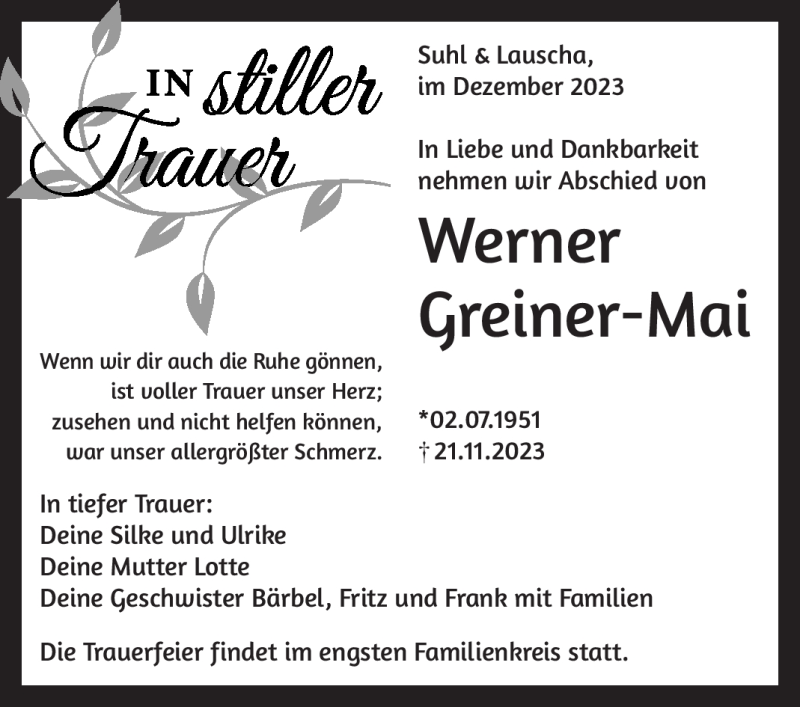  Traueranzeige für Werner Greiner-Mai vom 02.12.2023 aus Südthüringer Presse