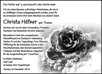 Traueranzeige von Christel Häfner von Südthüringer Presse