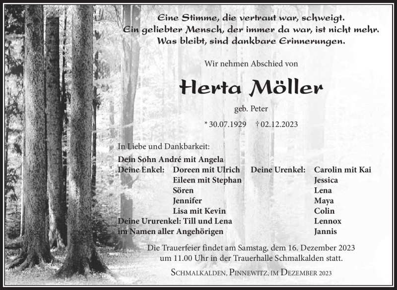  Traueranzeige für Herta Möller vom 09.12.2023 aus Südthüringer Presse