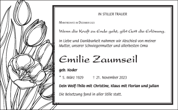Traueranzeige von Emilie Zaumseil von Frankenpost