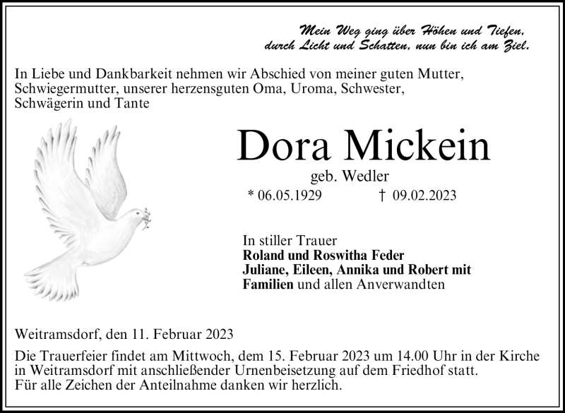  Traueranzeige für Dora Mcikein vom 11.02.2023 aus Neue Presse Coburg