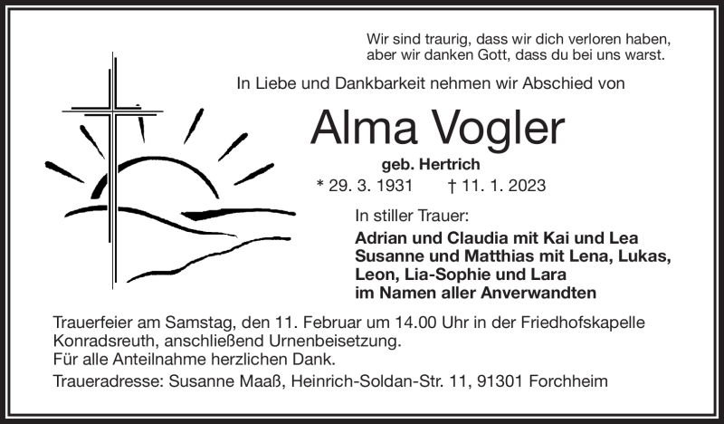  Traueranzeige für Alma Vogler vom 04.02.2023 aus Frankenpost