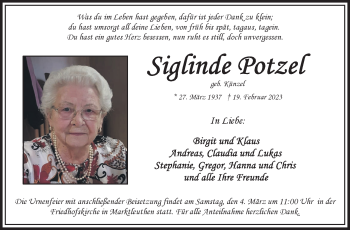 Traueranzeige von Siglinde Potzel von Frankenpost