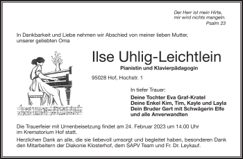 Traueranzeige von Ilse Uhlig-Leichtlein von Frankenpost