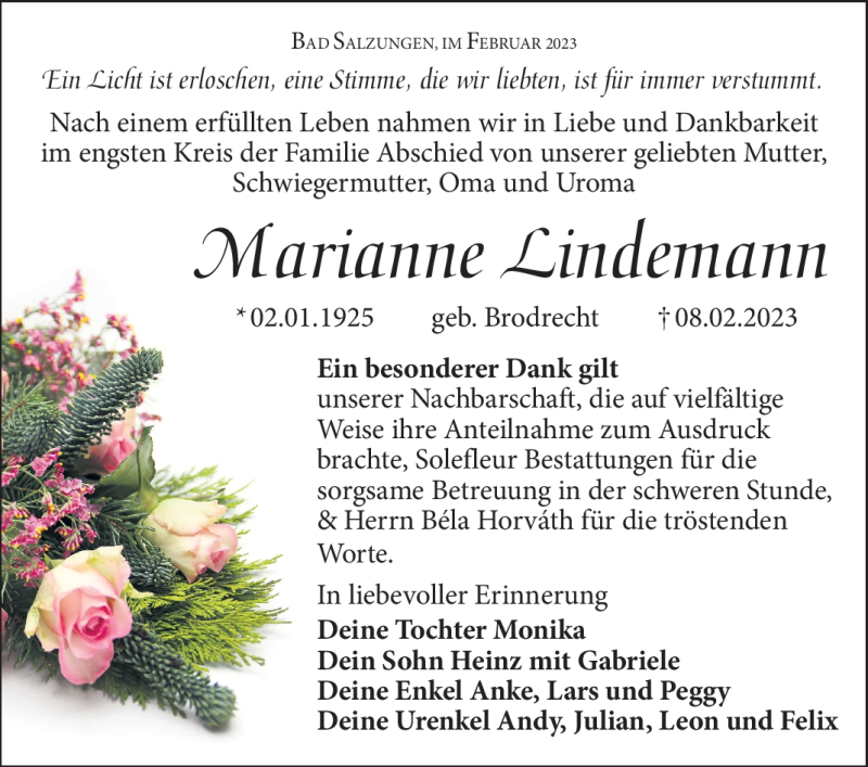 Traueranzeige für Marianne Lindemann vom 25.02.2023 aus Südthüringer Presse