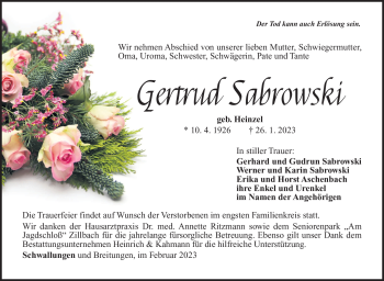 Traueranzeige von Gertrud Sabrowski von Südthüringer Presse