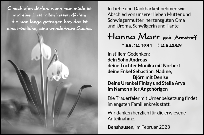  Traueranzeige für Hanna Marr vom 11.02.2023 aus Südthüringer Presse