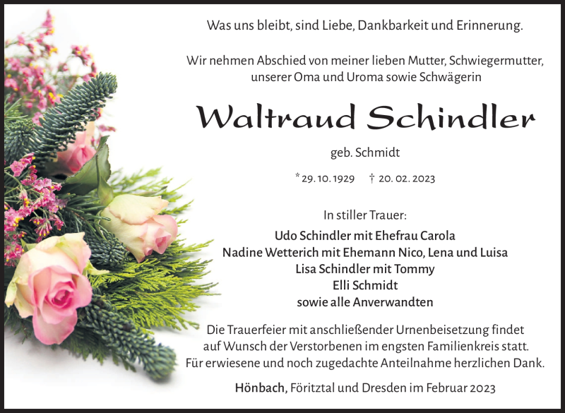  Traueranzeige für Waltraud Schindler vom 25.02.2023 aus Südthüringer Presse