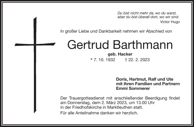  Traueranzeige für Gertrud Barthmann vom 28.02.2023 aus Frankenpost