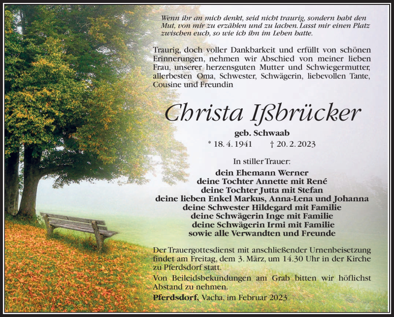  Traueranzeige für Christa Ißbrücker vom 28.02.2023 aus Südthüringer Presse