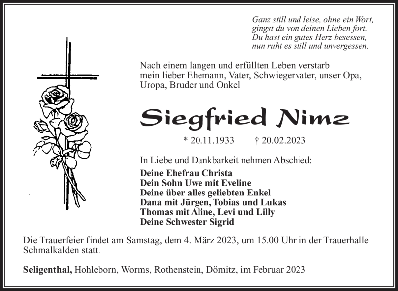  Traueranzeige für Siegfried Nimz vom 25.02.2023 aus Südthüringer Presse