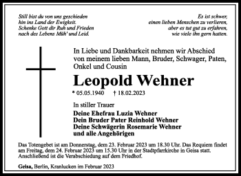 Traueranzeige von Leopold Wehner von Südthüringer Presse