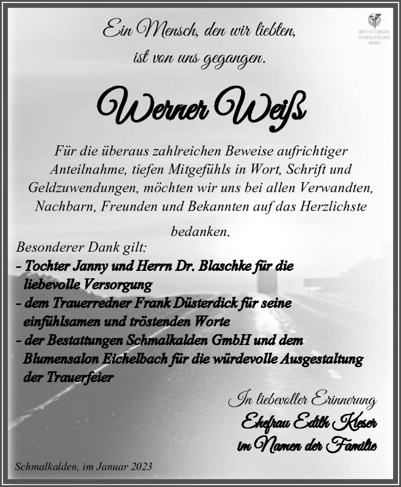  Traueranzeige für Werner Weiß vom 04.02.2023 aus Südthüringer Presse