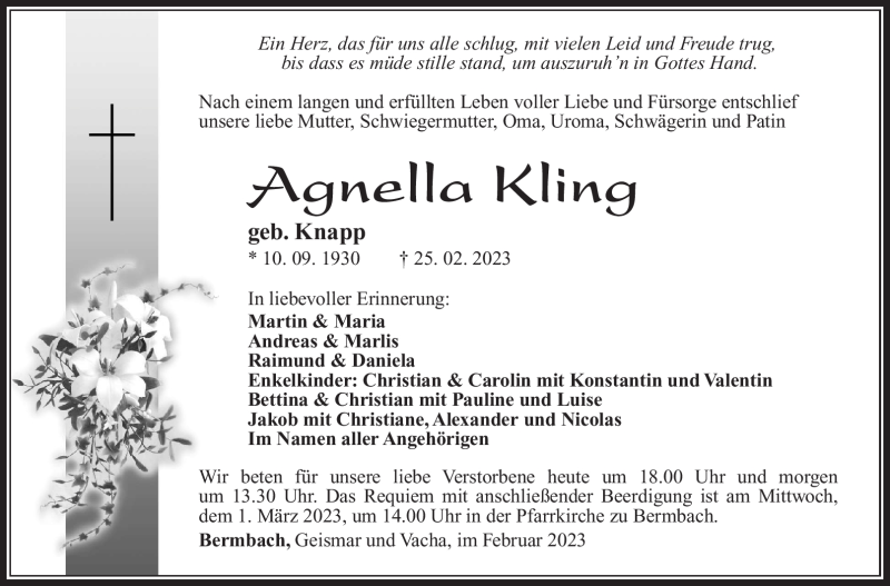  Traueranzeige für Agnella Kling vom 28.02.2023 aus Südthüringer Presse