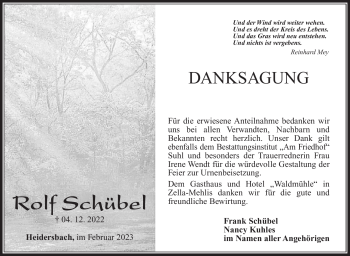 Traueranzeige von Rolf Schübel von Südthüringer Presse