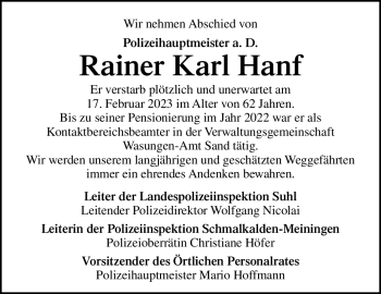 Traueranzeige von Rainer Karl Hanf von Südthüringer Presse