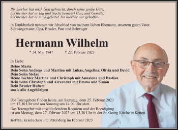 Traueranzeige von Hermann Wilhelm von Südthüringer Presse