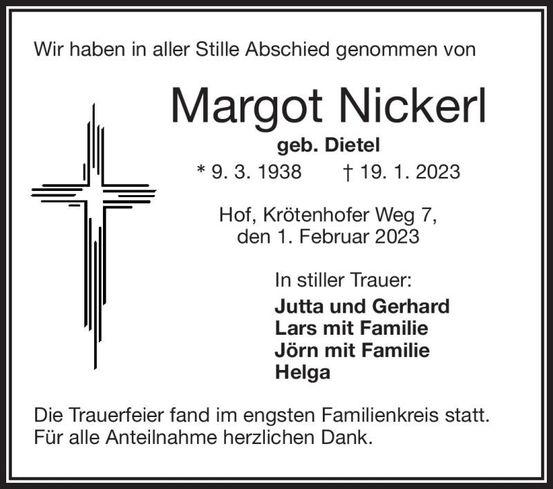  Traueranzeige für Margot Nickerl vom 01.02.2023 aus Frankenpost