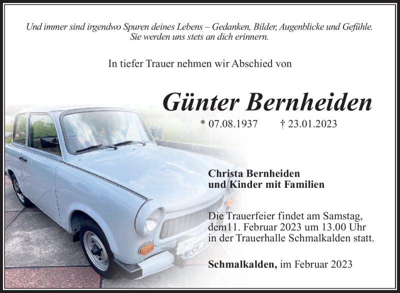  Traueranzeige für Günter Bernheiden vom 04.02.2023 aus Südthüringer Presse