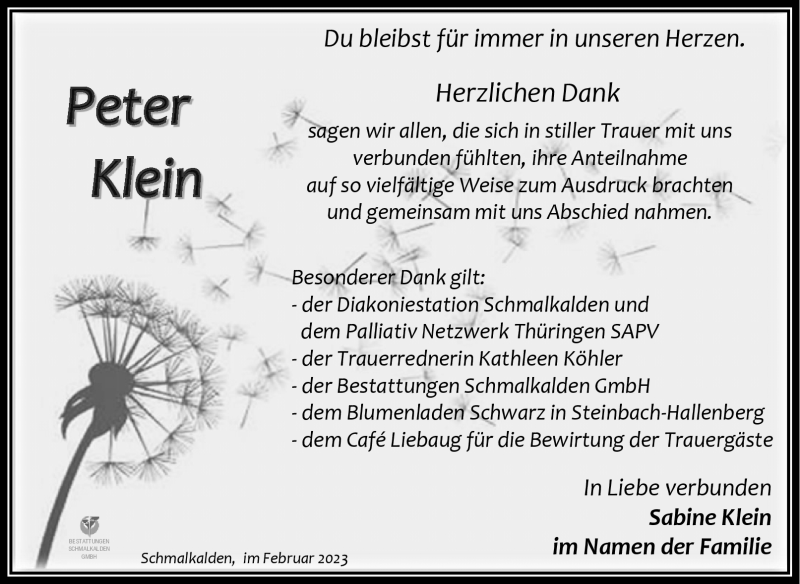  Traueranzeige für Peter Klein vom 25.02.2023 aus Südthüringer Presse
