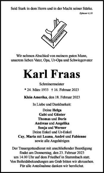 Traueranzeige von Karl Fraas von Frankenpost