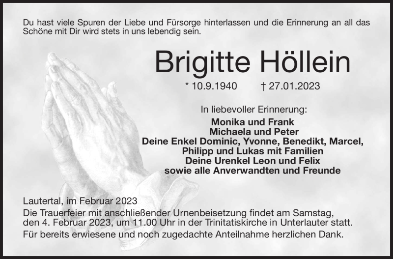  Traueranzeige für Brigitte Höllein vom 01.02.2023 aus Neue Presse Coburg