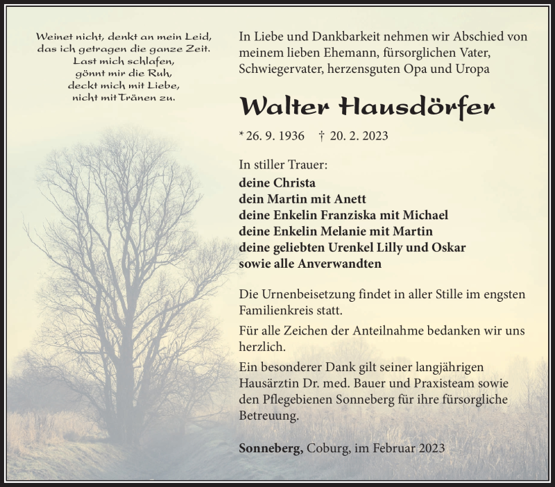  Traueranzeige für Walter Hausdörfer vom 25.02.2023 aus Südthüringer Presse